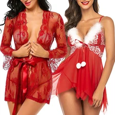 Sexy Naughty Santa Lingerie Babydoll Sleepwear Lace Kimono Robe Nightgown Dress
