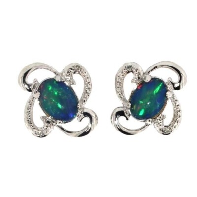 Mesmerizing Natural Cabochon Black Opal Earrings Diamond - Main Image