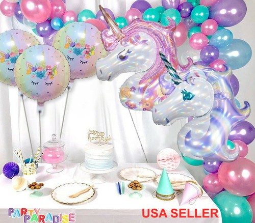 118pc Set: PINK PURPLE LASER UNICORN HEAD PEARL BALLOON Arch Garland Set,RAINBOW - Picture 1 of 12