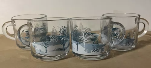 Vntg 4 Anchor Hocking Glass Coffee Mugs Holiday Blue White Winter Outdoor Scene