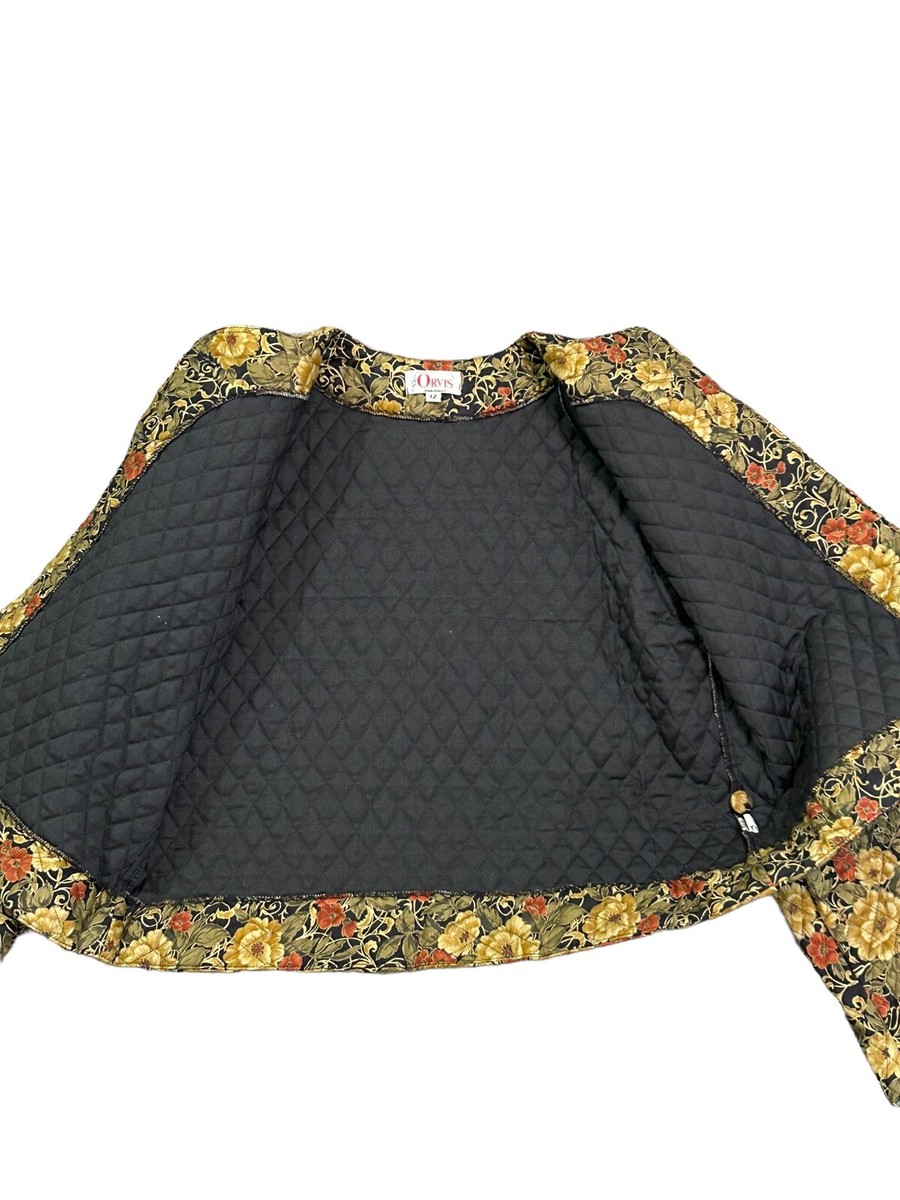 Orvis Quilted Jacket Orange Yellow Green Floral Black Lining