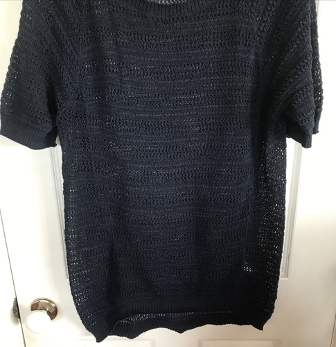 Jag Womens Top Size L Navy Blue Knit Short Sleeves Patterned Knit Sheer Cotton - Picture 3 of 14