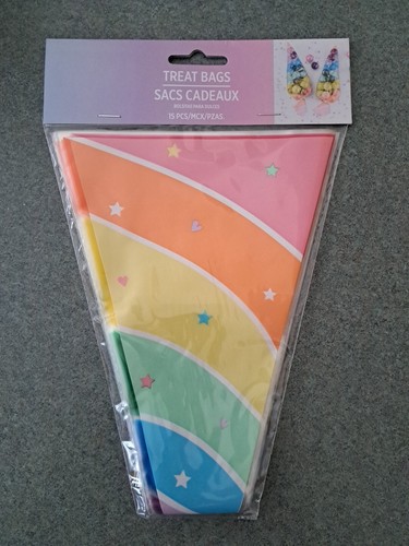 Unicorn Horn Shaped Rainbow Cello Treat Bags. 11" x 6" 15CT - Picture 2 of 3