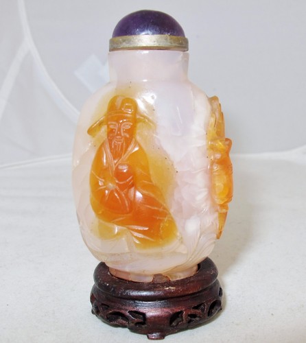 2.8" Chinese Orange & White Carnelian Agate Snuff Bottle with Man, Horse & Stand - Picture 3 of 12