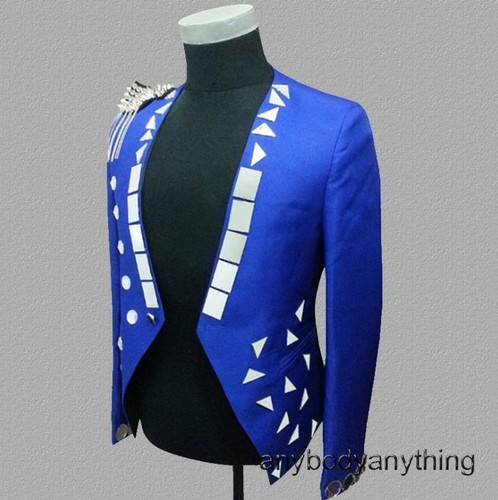 Nightclub Rhinestones Jacket Mens One Button Dance Stage Coat Slim Tops Singer - Picture 14 of 20