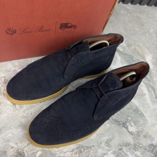 Stivali Loro Piana Open Walk Desert allacciati punta ad ala blu navy scamosciati 10 US o 40 EUR - Foto 3 di 24