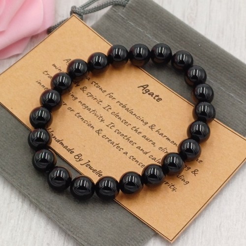 BLACK AGATE Bracelet Stretch Fit Handmade + Gift Bag & Card Crystal Gemstone 8mm - Picture 2 of 6