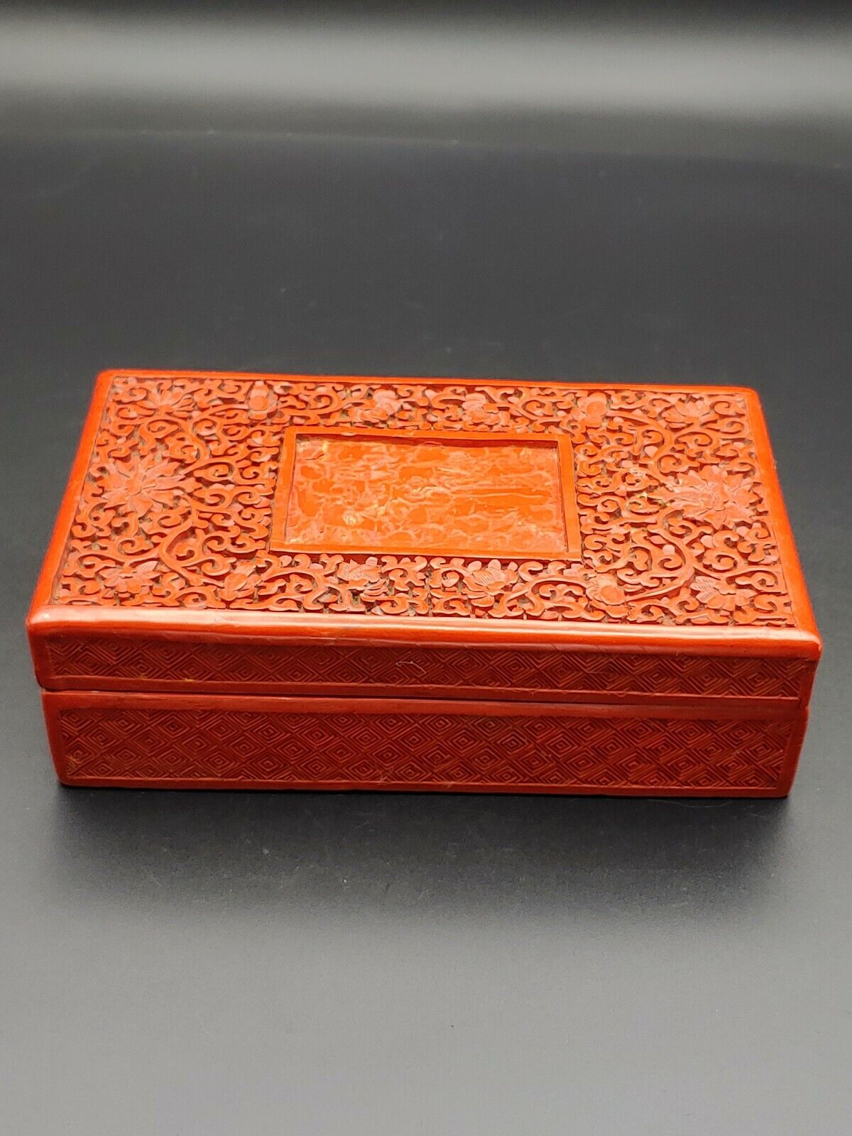 清代剔红漆器锦地宝相花缠枝莲纹盖盒Antique Chinese Cinnabar 