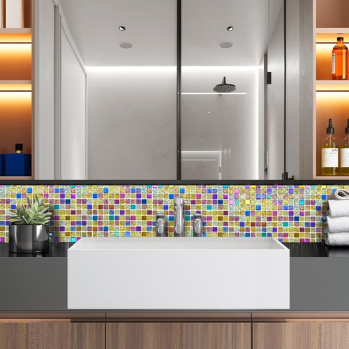 Mosaic Tile Sheet Iridescent Mix Glass Square Walls Floors Bathrooms Kitchens - Picture 2 of 9