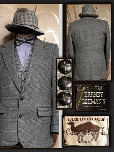 VINTAGE  Men's 41L  Gray CAMEL HAIR Plaid  Blazer Sports Coat Barney Lehmans 382 - Picture 1 of 9