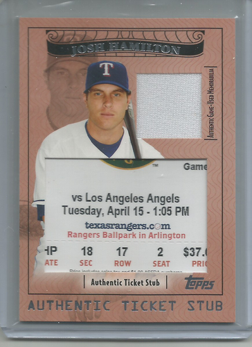 2009 Topps Ticket to Stardom Stub Plus Jersey Relic #12 Josh Hamilton #d 160/239 - Photo 1 sur 3