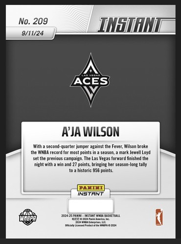 2024 PANINI INSTANT ⭐ A'JA WILSON ⭐ SEASON SCORING RECORD ☄️ N. 209 - Bild 2 von 2