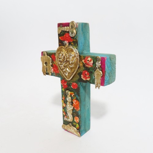 Tin Milagros Wood Cross Painted Flowers Heart Milagro Handmade Mexican Folk Art - Picture 3 of 12