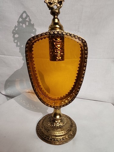 Vintage Ormolu Perfume Bottle Gold Filigree Amber Glass Beveled W Dauber - Picture 7 of 17