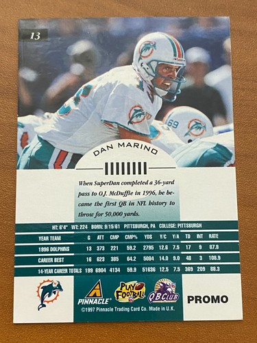 🏈 Tarjeta base de fútbol americano Pinnacle Inscriptions 1997 promoción #13 Dan Marino 🏈 - Imagen 2 de 2
