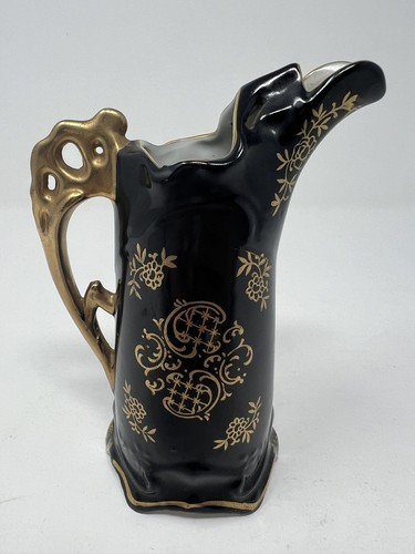 Renaissance Hand Painted Black with Gold Trim Creamer Milk Jug Fairy Design - Picture 5 of 13