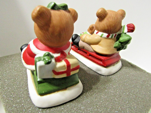 2 Vintage Homco Porcelain Christmas Teddy Bear Family on Sleds Figurines # 5102 - Picture 3 of 8