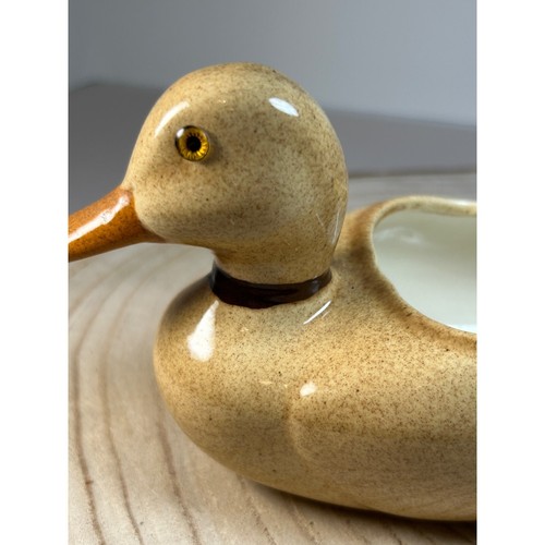 Vintage Keramik Ente Übertopf hellbraun gelb Glasaugen Wasservögel Vogel - Bild 8 von 10