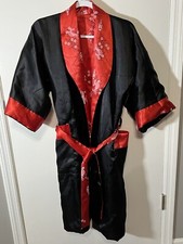 Vintage Black Pink Silk Embroidered Dragon Reversible Robe Kimono w/ Belt Medium
