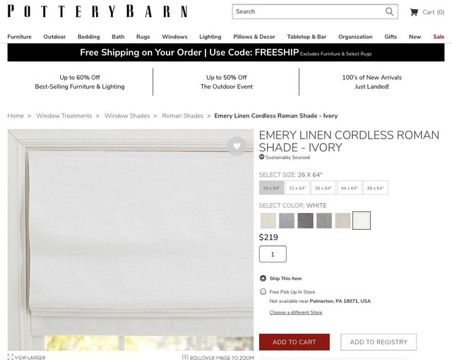 Pottery Barn Riviera Stripe Roman Shade Charcoal Cordless Blackout