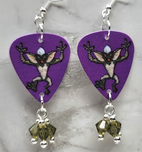 Gremlins Stripe Guitar Pick Earrings with Green Swarovski Crystal Dangles - Picture 5 of 5