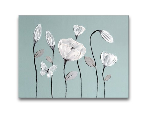 QUADRO A MANO FIORE BIANCO GRIGIO E UOVO D'ANATRA BLU QUADRO ZEN TELA STAMPA ARTISTICA - Foto 2 di 3