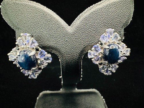 Blue star sapphire 9x7 decorate tanzanite Ring and Earring 925 sterling silver - Picture 3 of 5