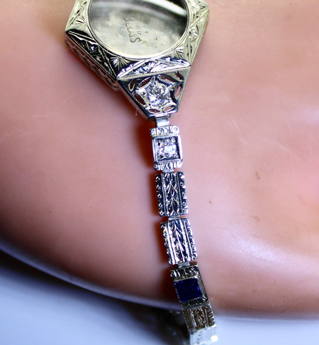 Precioso reloj BELAIS de diamantes y zafiros Art Deco de oro blanco de 18 quilates de 1,4 quilates de 1930 - Imagen 5 de 11