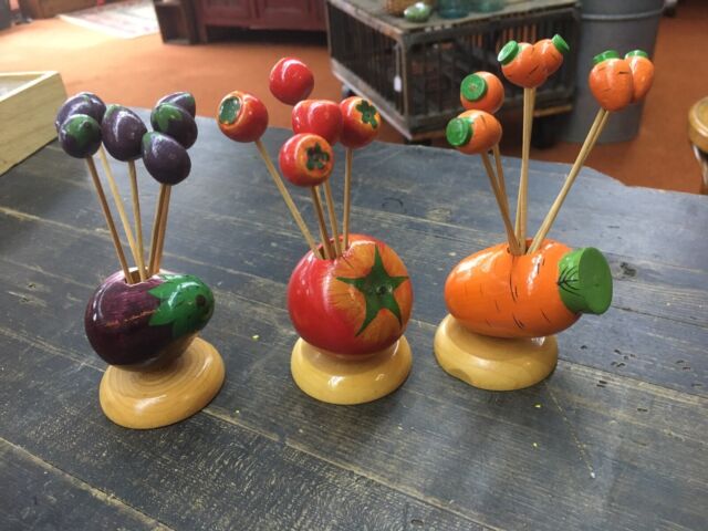 Vintage Wooden Kitsch retro fruit Eggplant Carrots apples Toothpick Holders Vintage Wooden Kitsch retro fruit Eggplant Carrots apples Toothpick Holders