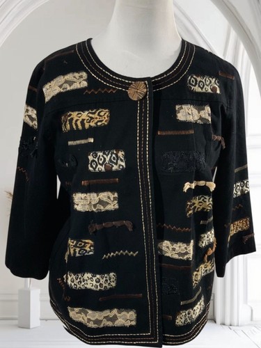 Choices Petite Medium Open Front Jacket Boho Animal Print Patchwork Design Black - Picture 2 of 8