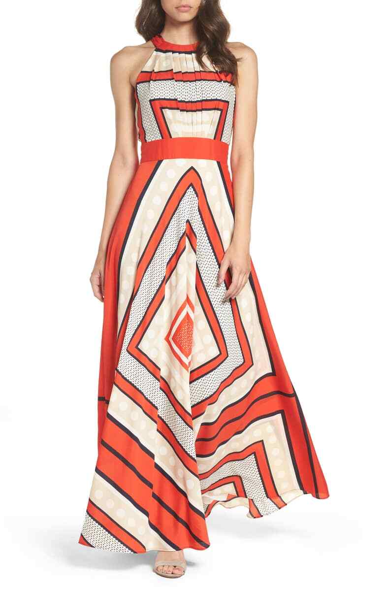 Scarf print crêpe de chine fit & flare maxi clearance dress