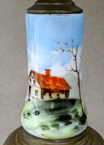 1800s Antique EAPG Victorian HANDPAINTED MILK GLASS Clear Font KEROSENE OIL LAMP - Picture 7 of 9