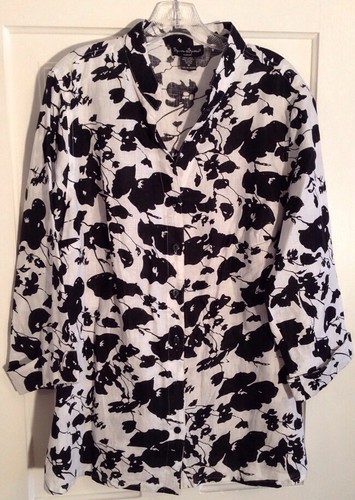 MERCER & MADISON 100 Linen Shirt/Top White/Black Floral Sexy Romantic Size 1X - 第 2/12 張圖片