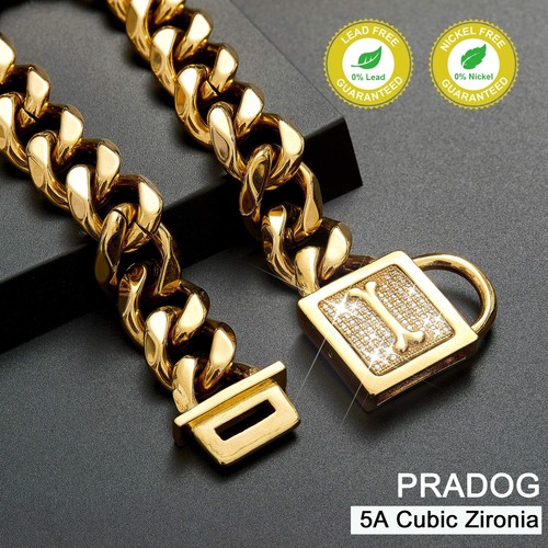 Dog Chain Collar with Zirconia Buckle 19MM Gold Cuban Link Puppy Collar Gold ... - Picture 6 of 8