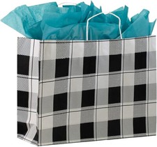 100 Paper Bags Buffalo Check Retail 16" x 6 x 12 ½" Black White Christmas