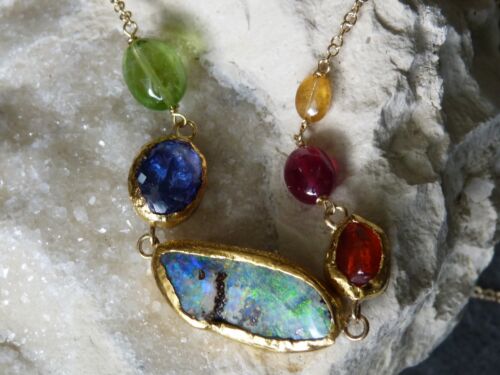 Collier en or 18 et 24 ct, argent, opale boulder d'Australie, pierre précieuse - Imagen 8 de 19