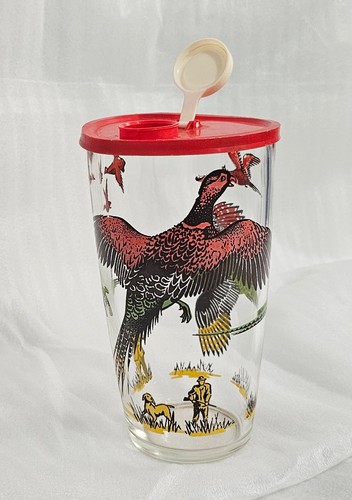 Hazel Atlas Pheasant Glass Tumbler with Red Plastic Lid Vintage 24 fl. oz. - Picture 3 of 8