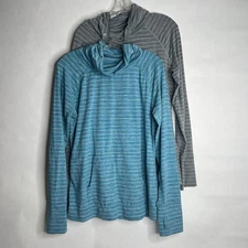 GAP Fit Breathe Lot 2 Teal Gray White Striped Cowl Neck Active Top Large Pocket