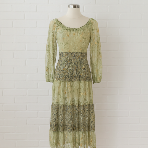 Fig & Flower Kleid Damen mittelgrün Blumen Stretch Spitze ungefüttert Maxi Bauer