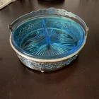 Vintage blue Depression Glass divided candy dish