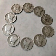 Mercury Dimes 1918-1941 PDS?Lot Of 10 90% Silver ?$1 Face #33