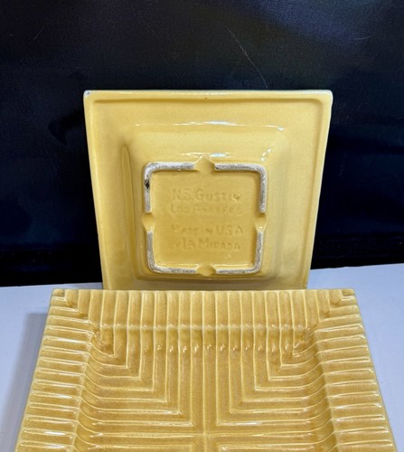 Rare 30s-40s Nesting Ashtray Dish Set By N S Gustin Pottery LA Mirada Yellow MCM - Picture 4 of 6