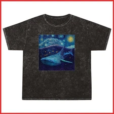 Surrealism Starry Night Whale Shark Black Mineral Wash T-Shirt S-5XL