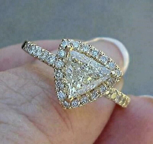 2Ct Trillion Cut Lab Created Diamond Engagement Halo Ring 14K Yellow Gold Plated - Picture 4 of 5