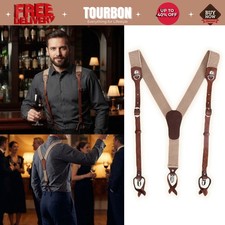 Tourbon Men's Y-Shaped Button Suspenders Y Back Adjustable Leather Patch Braces
