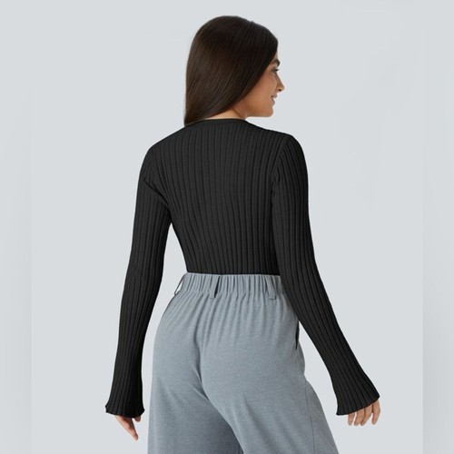 Maglione maglia casual Halara XL nero a costine girocollo manica lunga arricciata NUOVO - Foto 3 di 9