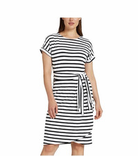 Chaps Crewneck Soft Jersey Belted T-Shirt Midi Dress  XL Black White Stripe