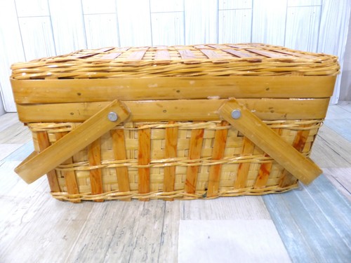 Burnt Bamboo Covered Basket Hinged Top Sewing Picnic Storage - Picture 9 of 14