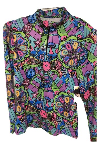 Bella Pickleball Shirt 1/4 Zip Long Sleeve Groovy 70s Peace Love Design Sz S NWT - Picture 2 of 16