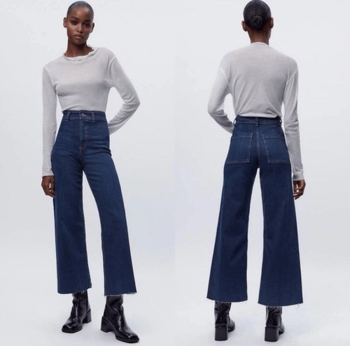 Zara The Marine Wide Flare Straight Jean, Dark Blue US Size 2 Stretch Raw Hem